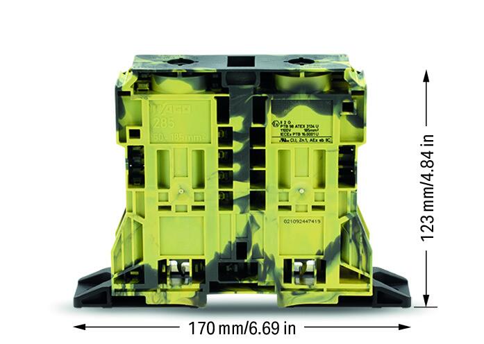 Wago 285-1167/999-950 2-conductor through terminal block, 185 mm², suitable for Ex e II alications, lateral marker slots, with fixing flanges, POWER CAGE CLAMP, 185,00 mm², dark gray-yellow