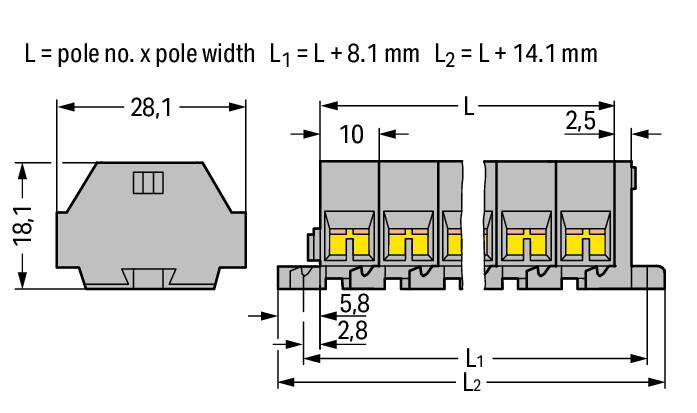 WAGO 261-204 4-полюсная 4-пров. колодка, 0,08-2,5 мм2, с креп.фланцами