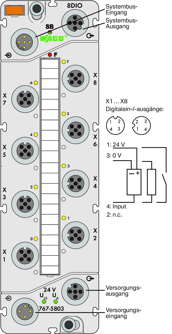Wago 767-5803 8-канальный дискретный вход/выход, тока, 0,5 А, 8 x M12, светло-серые