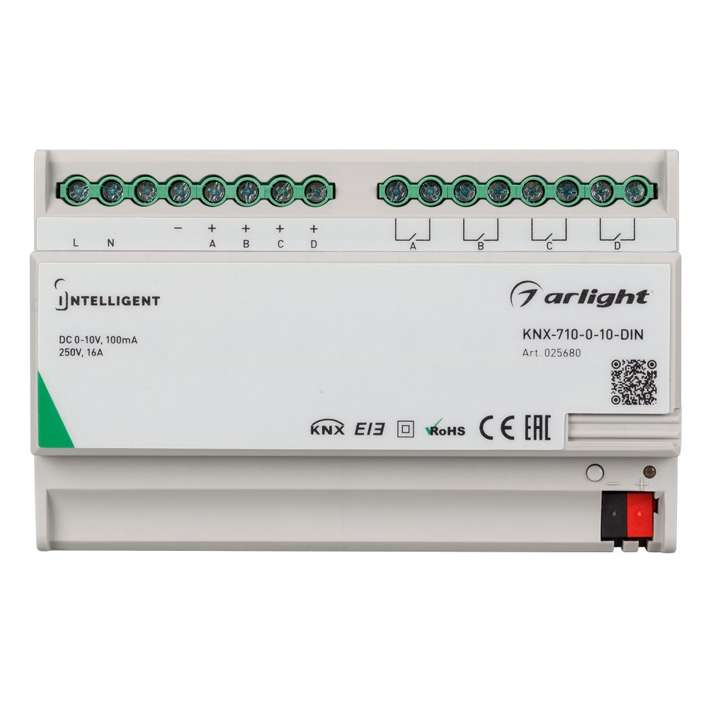 Arlight 025680 INTELLIGENT ARLIGHT Конвертер KNX-710-0-10-DIN (230V, 4x0/1-10, 4x16A) (IARL, IP20 Пластик, 2 года) 025680