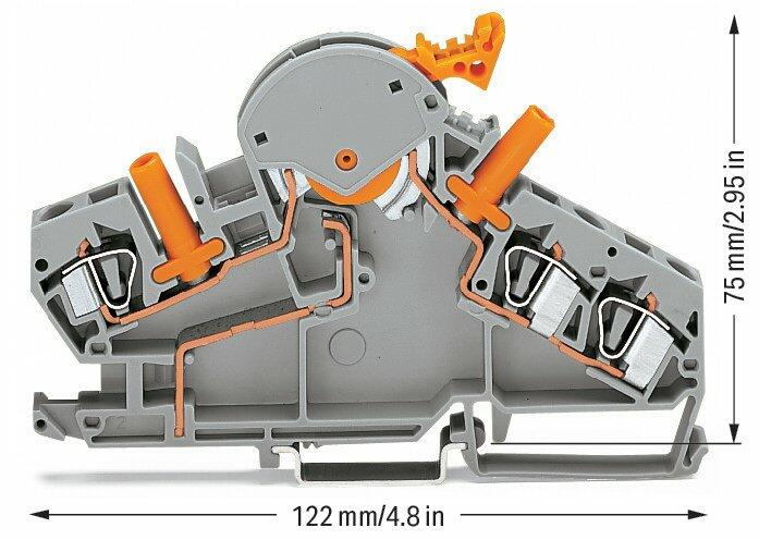 WAGO 282-870 3-пров. клеммник с размыкателем, 0,2 - 6 мм2, 2 тест. штеккера, цвет: Серый