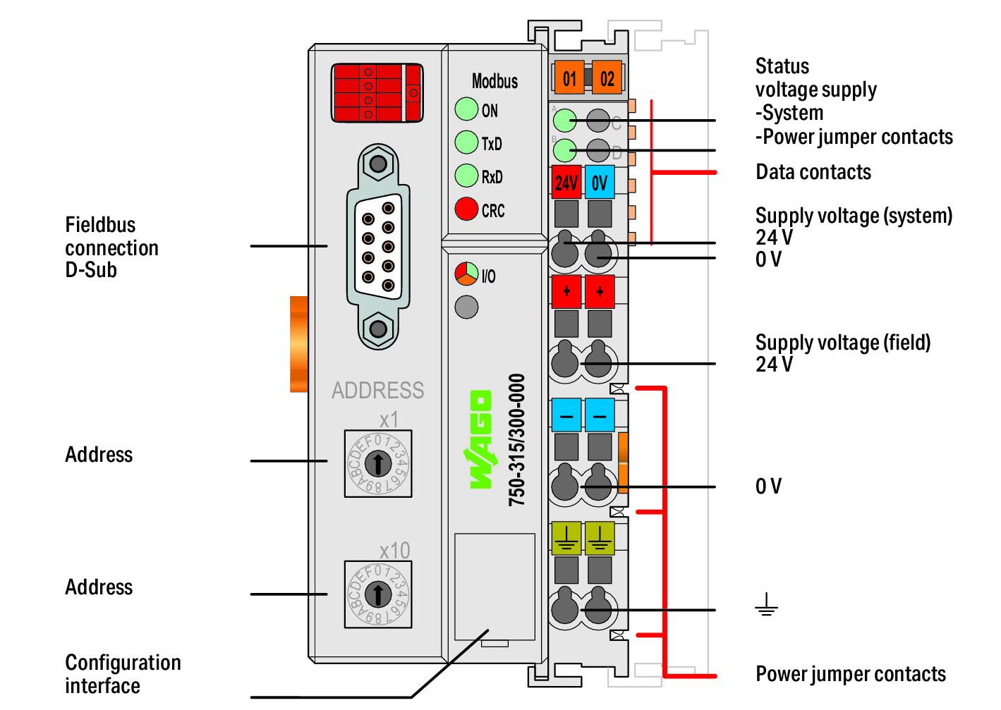 Wago 750-315/300-000 Каплер Modbus, RS-485, 150 … 115,2 Кбод