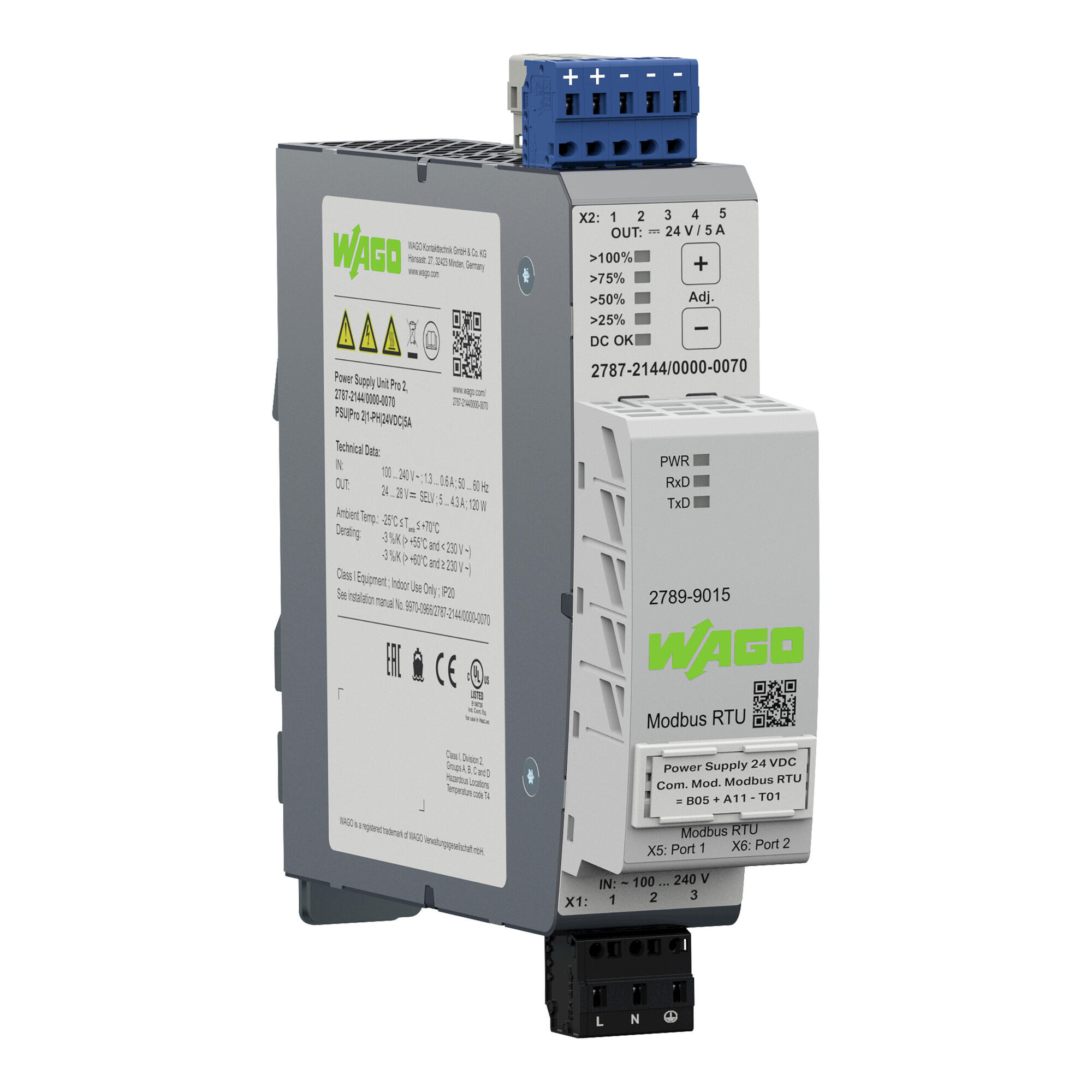 Wago 2787-2144/000-070 Источник питания, 24 В пост. тока, 5 A, TopBoost + PowerBoost, Защитное покрытие, обмен данными