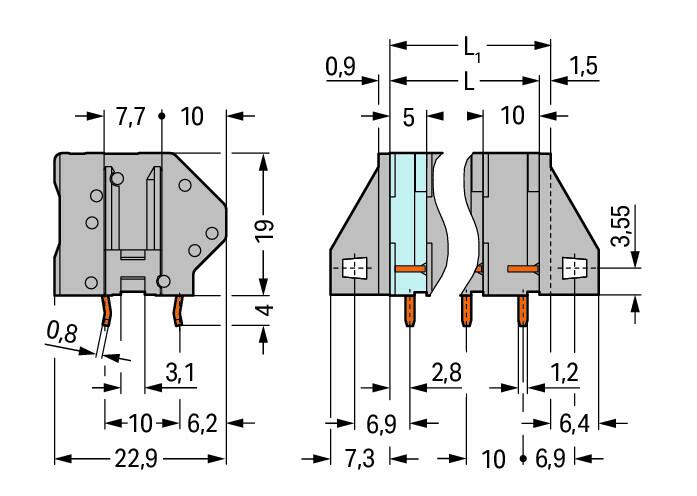 Wago 745-204/000-023 Клемма на печатную плату, 4 мм2, Шаг контактов 10 мм, 4-пол., CAGE CLAMP, опция объединения, 4,00 мм2, зеленые