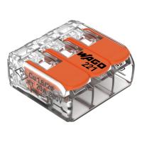 WAGO 221-413 3-проводная клемма, d: 0,2-4,0 мм2, прозр. корпус, оранж. рычаг