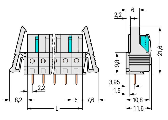 Wago 722-137/039-000 Розетка под пайку THT, 0.6 x 1.0 mm solder pin, угловые, Фиксирующий рычаг, 2,5 мм2, Шаг контактов 5 мм, 7-пол., светло-серые