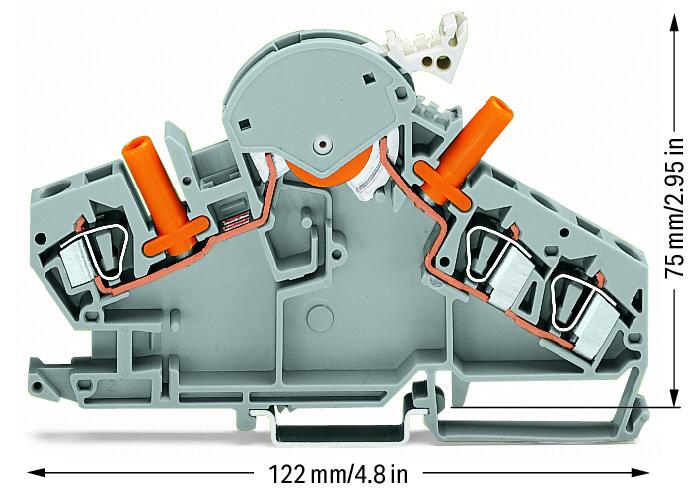 WAGO 282-860 3-пров. клеммник с размыкателем, 0,2 - 6 мм2, 2 тест. штеккера, серый разм., цвет: Серый