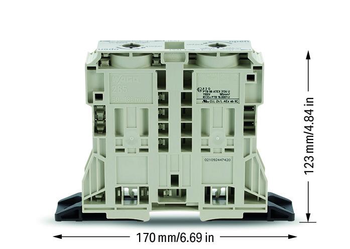 Wago 285-1163 2-conductor through terminal block, 185 mm², suitable for Ex e II alications, lateral marker slots, with fixing flanges, POWER CAGE CLAMP, 185,00 mm², light gray