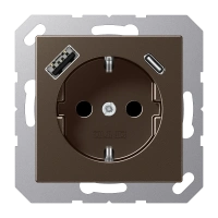 Jung A 1520-15 CA MO SCHUKO®-розетка 16 A 250 В ~, with USB charger 1 x type A + 1 x type C, с дополнительной защитой,, Серия A, цвет мокко