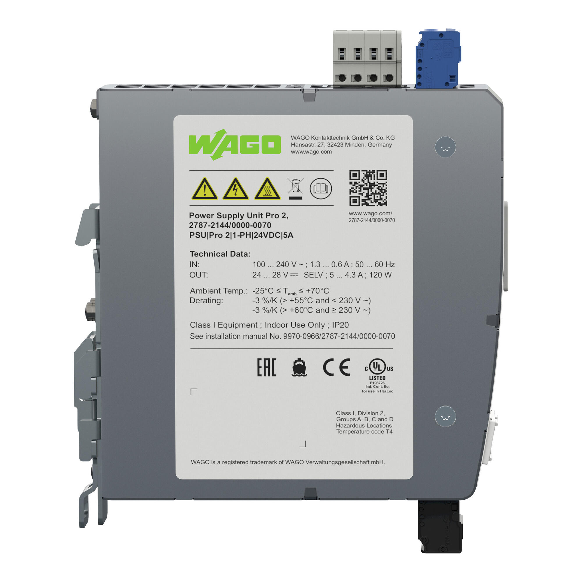 Wago 2787-2144/000-070 Источник питания, 24 В пост. тока, 5 A, TopBoost + PowerBoost, Защитное покрытие, обмен данными