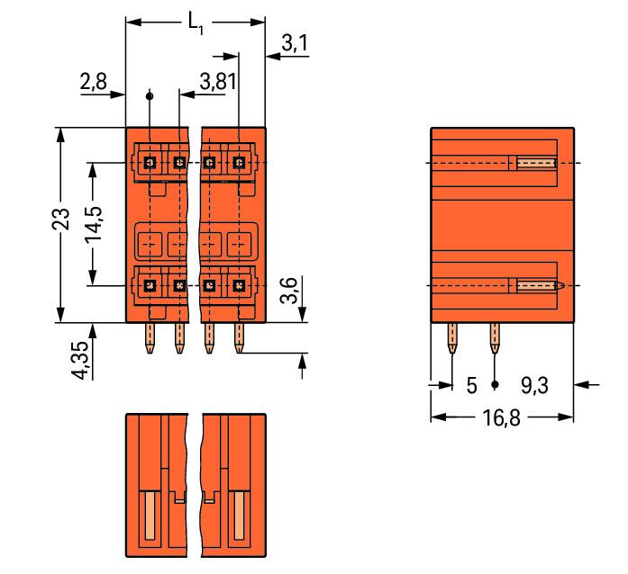 Wago 734-437 Двухуровневая вилка THT, 1.0 x 1.0 mm solder pin, угловые, Шаг контактов 3,81 мм, 14-пол., оранжевые