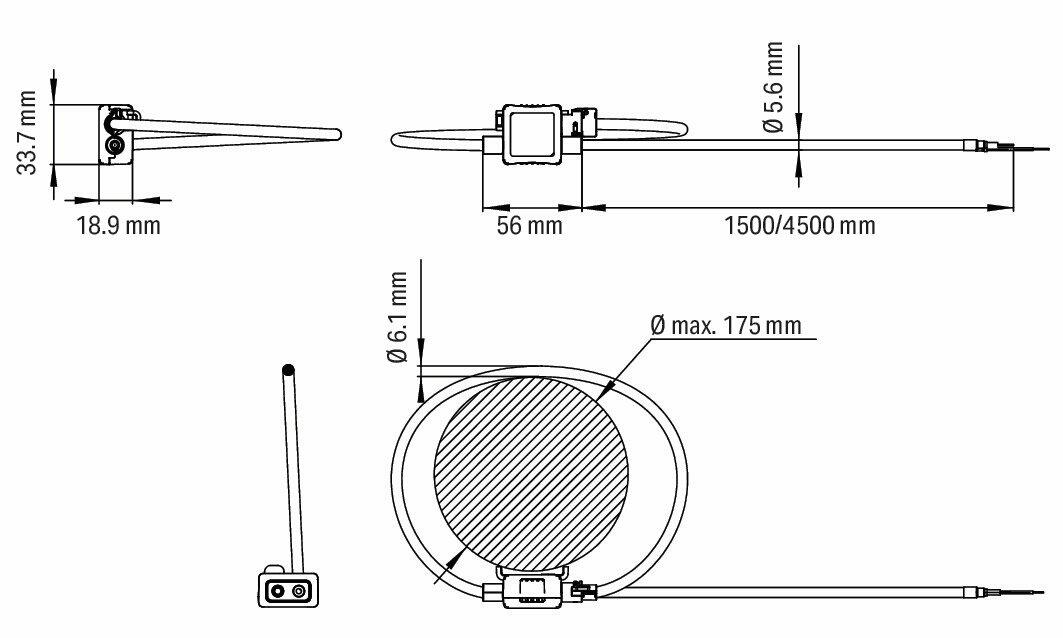 Wago 855-9150/2000-1751 Катушка Роговского, Номинальный ток первичной обмотки 4000 А, Выходной сигнал 22,5 мВ на кАс, Длина кабеля: 1,5 м, Проходная муфта для измерительного проводника 175 мм