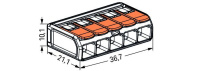 WAGO 221-615 5-проводная клемма, d: 0,5-6 мм2, прозр. корпус, оранж. рычаг