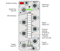 Wago 767-4802/000-800 8-канальный дискретный выход, тока, 0,5 А, Защита от помех, 4 x M12, два выхода на соединитель, -