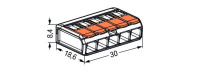 Wago 221-415 5-проводная клемма, d: 0,2-4,0 мм2, прозр. корпус, оранж. рычаг