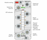 Wago 767-4804/000-800 8-канальный дискретный выход, тока, 2,0 А, Защита от помех, 4 x M12, два выхода на соединитель, -