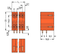 Wago 734-437 Двухуровневая вилка THT, 1.0 x 1.0 mm solder pin, угловые, Шаг контактов 3,81 мм, 14-пол., оранжевые